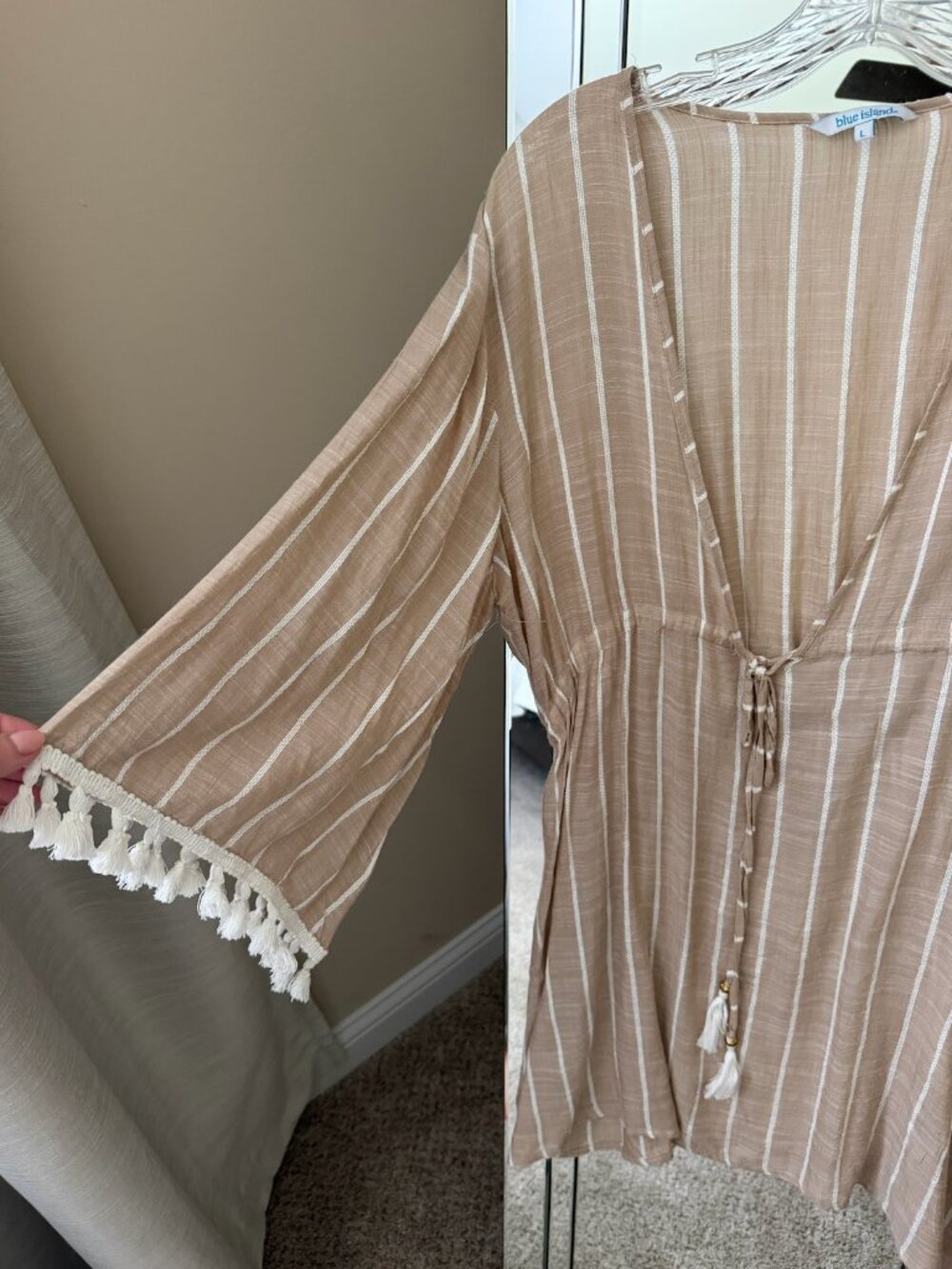 blue island tan and white striped swim cover-up tassel accents V-neck tie large